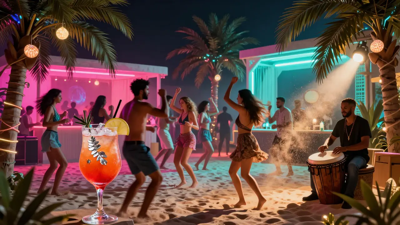 Crowd dancing barefoot on sand under neon lights at a tropical disco beach party in Dubai.