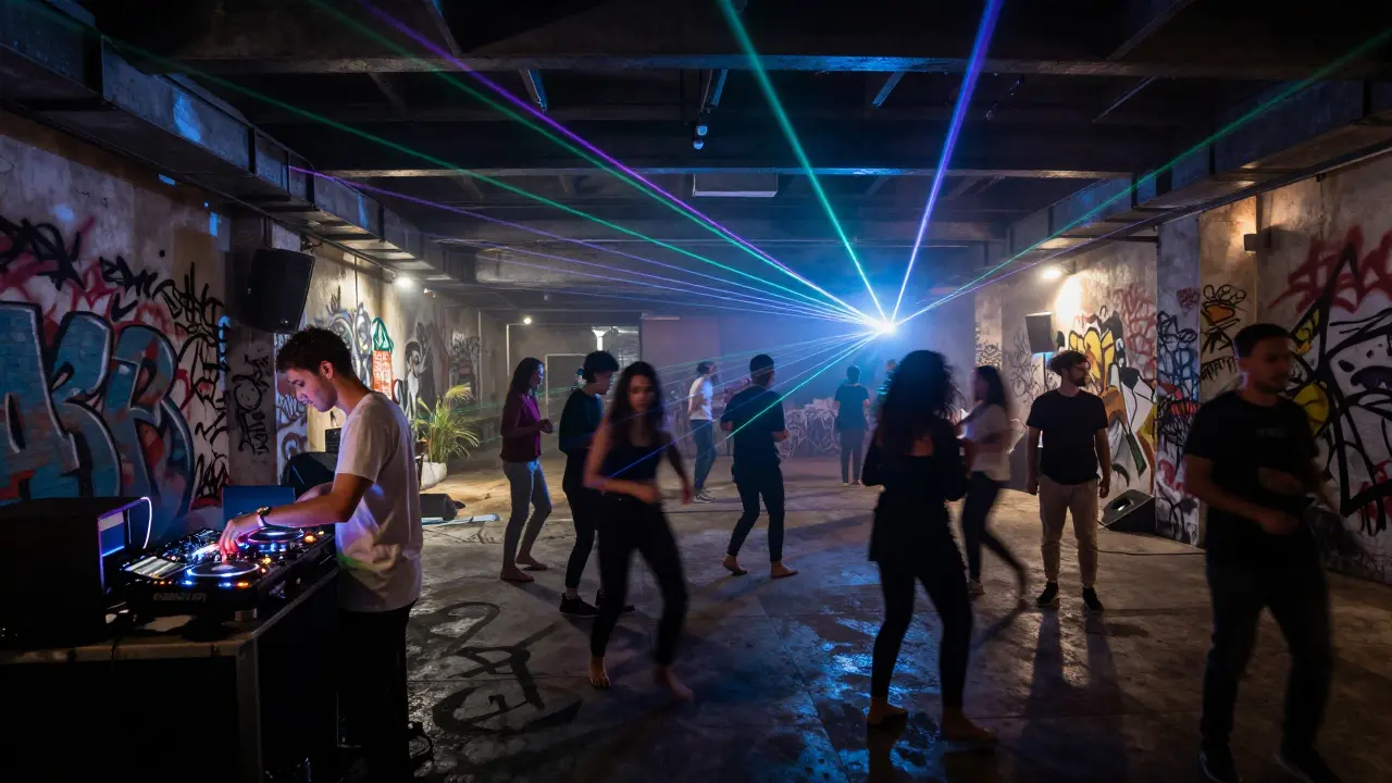 Crowd dancing in a neon-lit underground club with lasers and smoky atmosphere