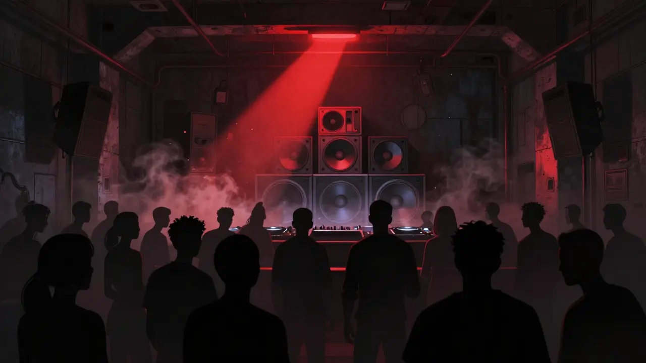 Dark underground club with crowd lost in techno music, single red light illuminating smoke