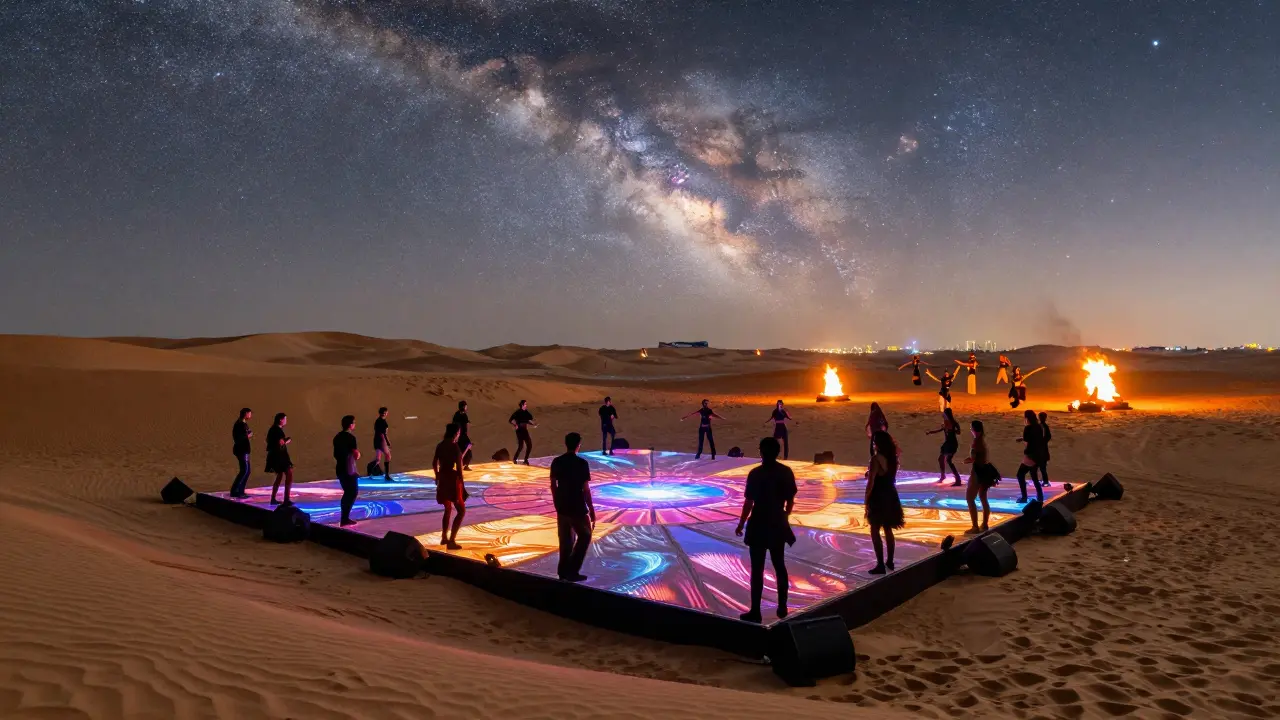 Desert rave under starry sky with dancers on a glowing floor, bonfires, and distant city lights.