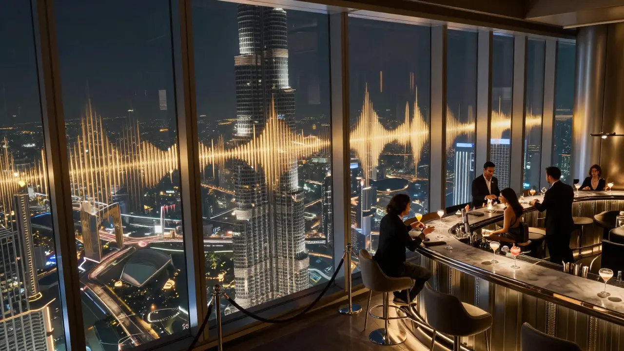 Elegant guests at a high-rise bar with Burj Khalifa visible through floor-to-ceiling windows.
