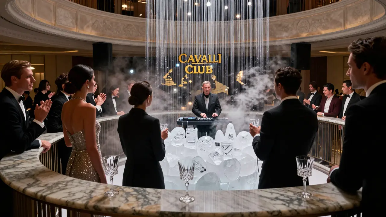 Elegant guests on a marble mezzanine overlooking a DJ under synchronized lighting, crystal cocktails and hand-carved ice in focus.