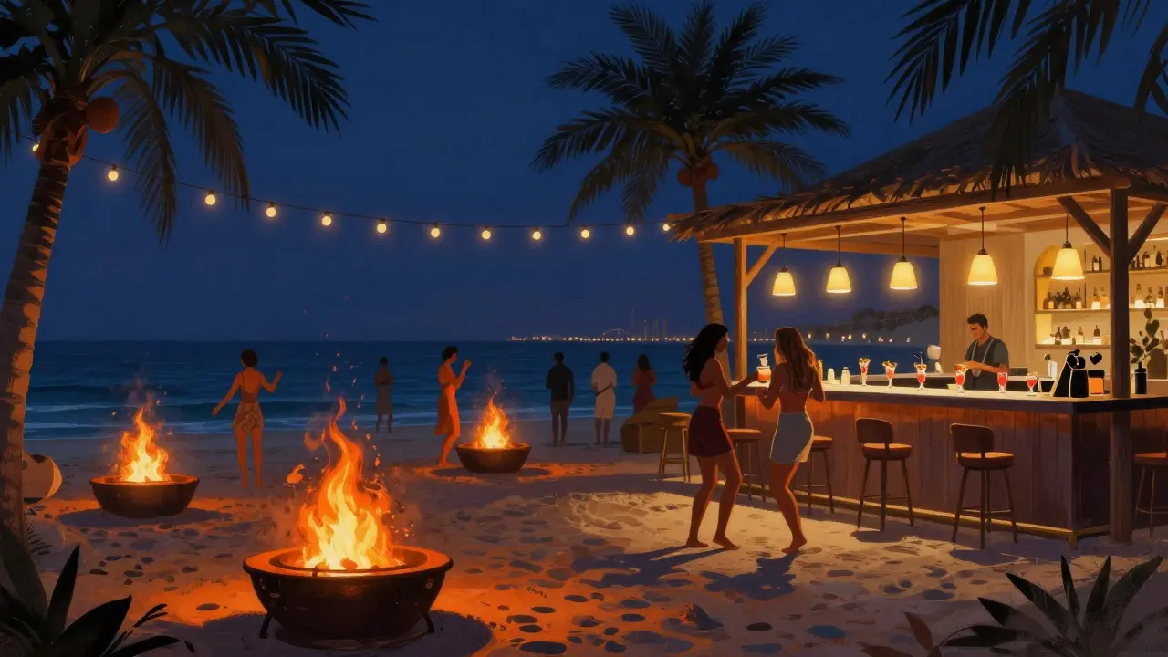 Evening scene at a Dubai beach club with glowing fire pits, dancing guests on sand, and string lights above a vibrant nightlife atmosphere.