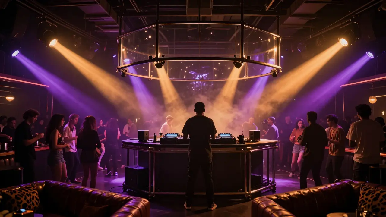 Floating DJ booth above a vibrant dance floor at Cavalli Club, bathed in amber and violet light.