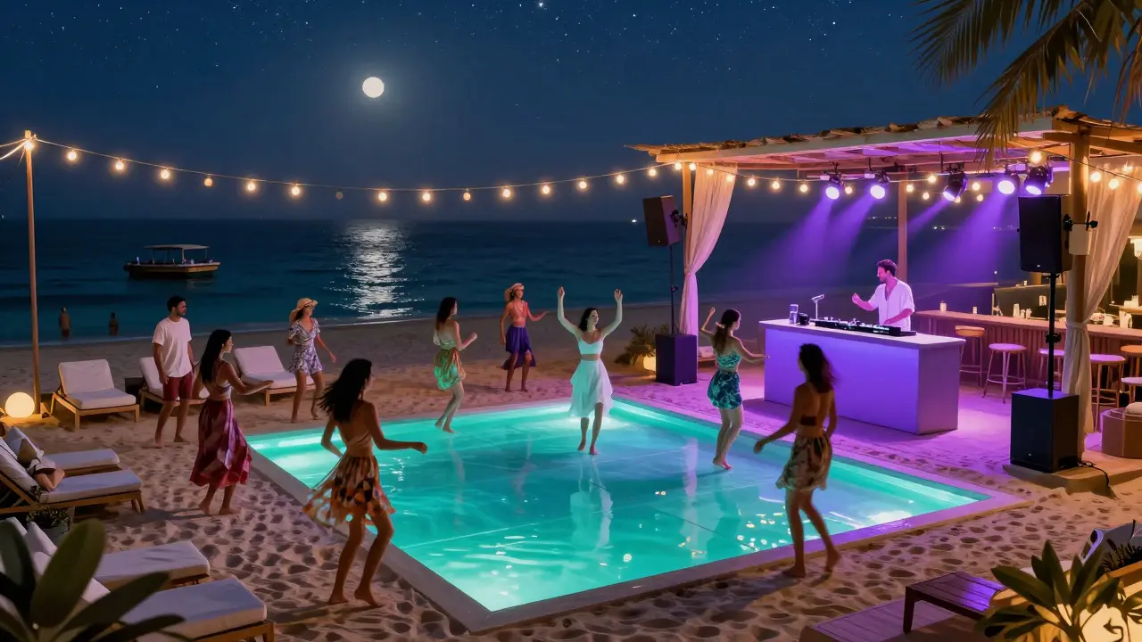 Guests dancing on a beach club sand floor under string lights and ocean waves at night.