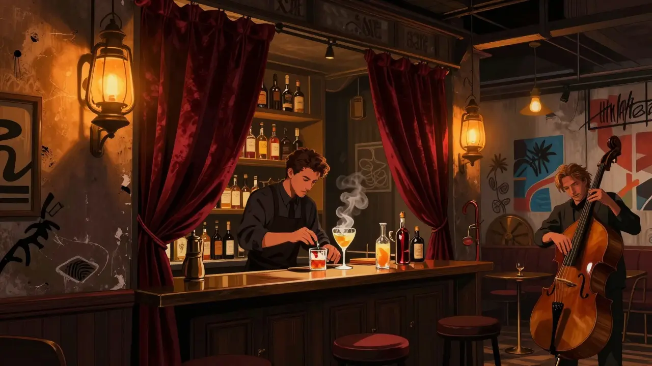 Hidden speakeasy interior with warm lighting, vintage bottles, and an artisan bartender at work.