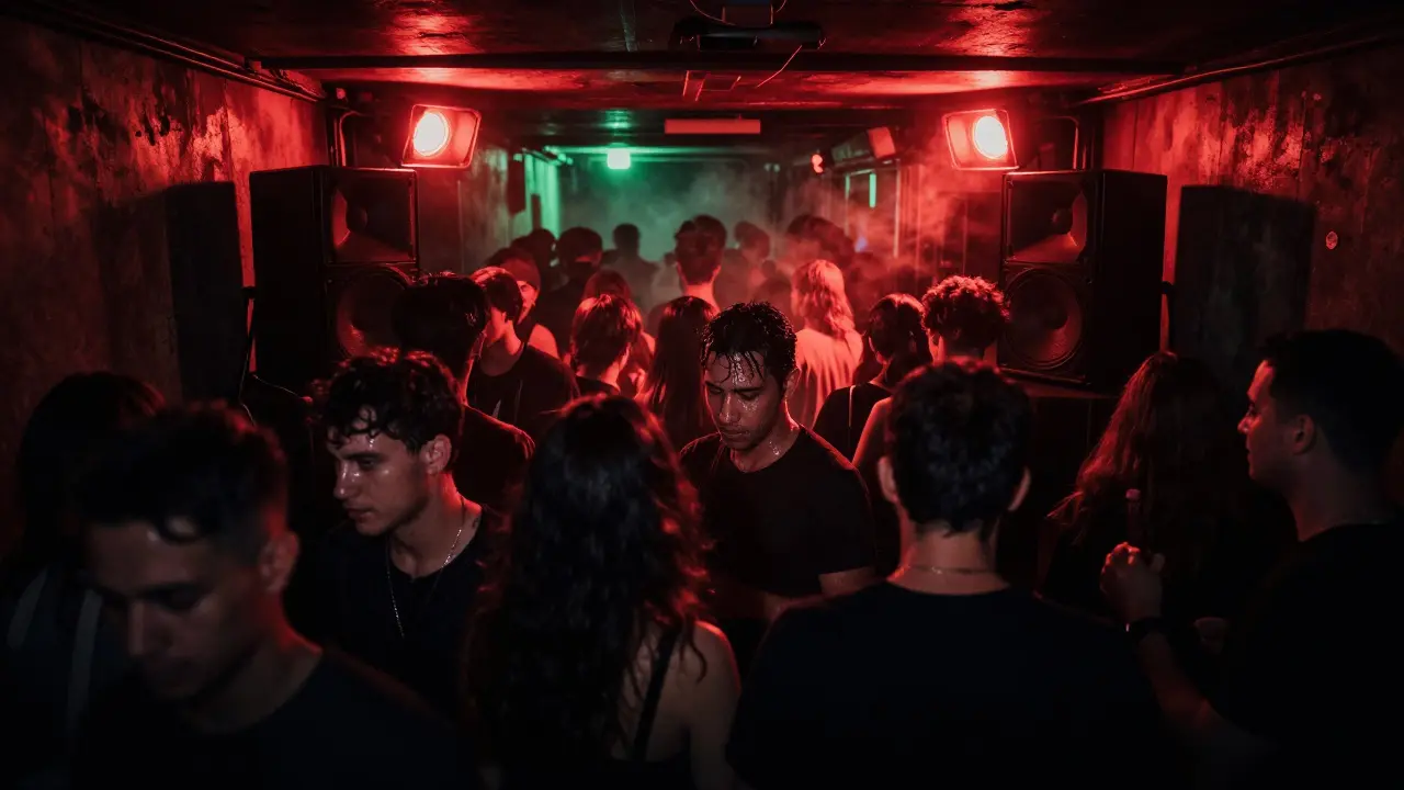 Intense underground club scene with fog, bass vibrations, and a packed crowd in dim red light.