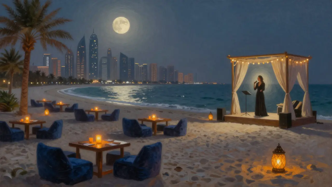 Intimate candlelit tables at a nighttime beach club with jazz singer under moonlit palms.