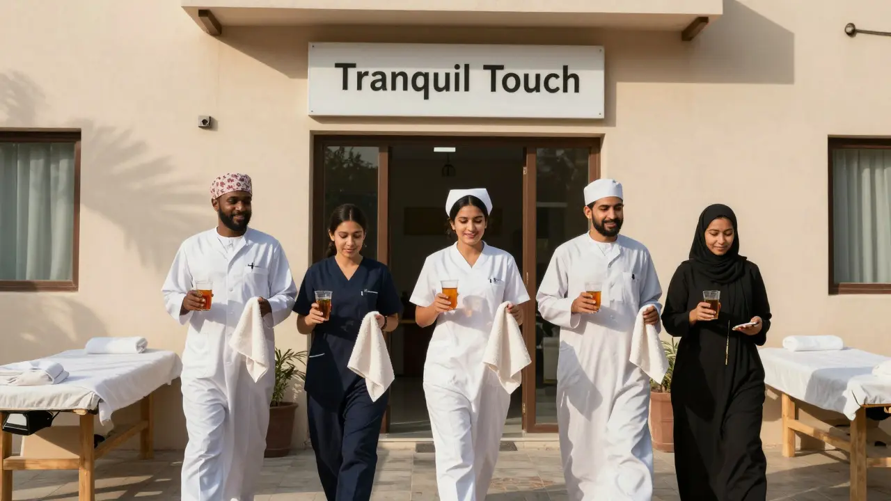 Local residents leaving a massage center in Al Quoz, relaxed and smiling after their session.