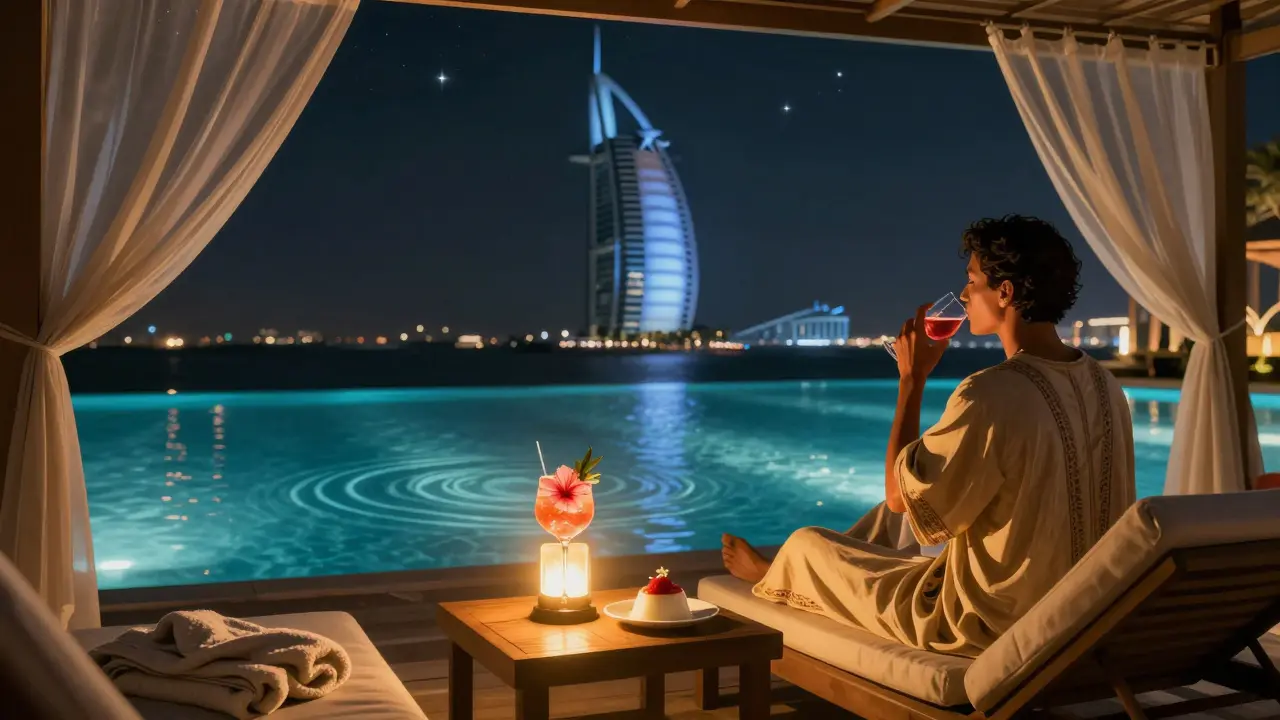 Luxury poolside cabana with drinks and dessert under warm lantern light in Dubai.