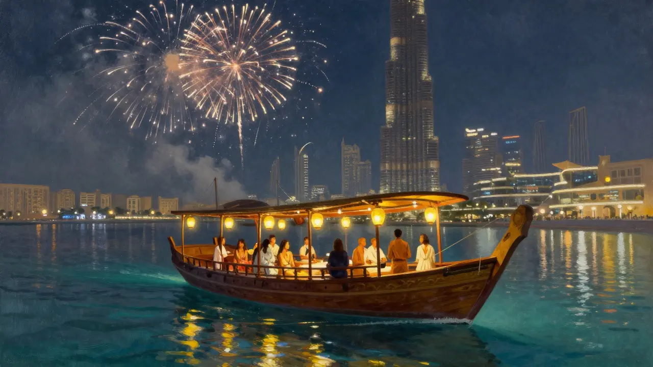 Luxury yacht sailing past Dubai Marina with fireworks and city lights reflecting on water