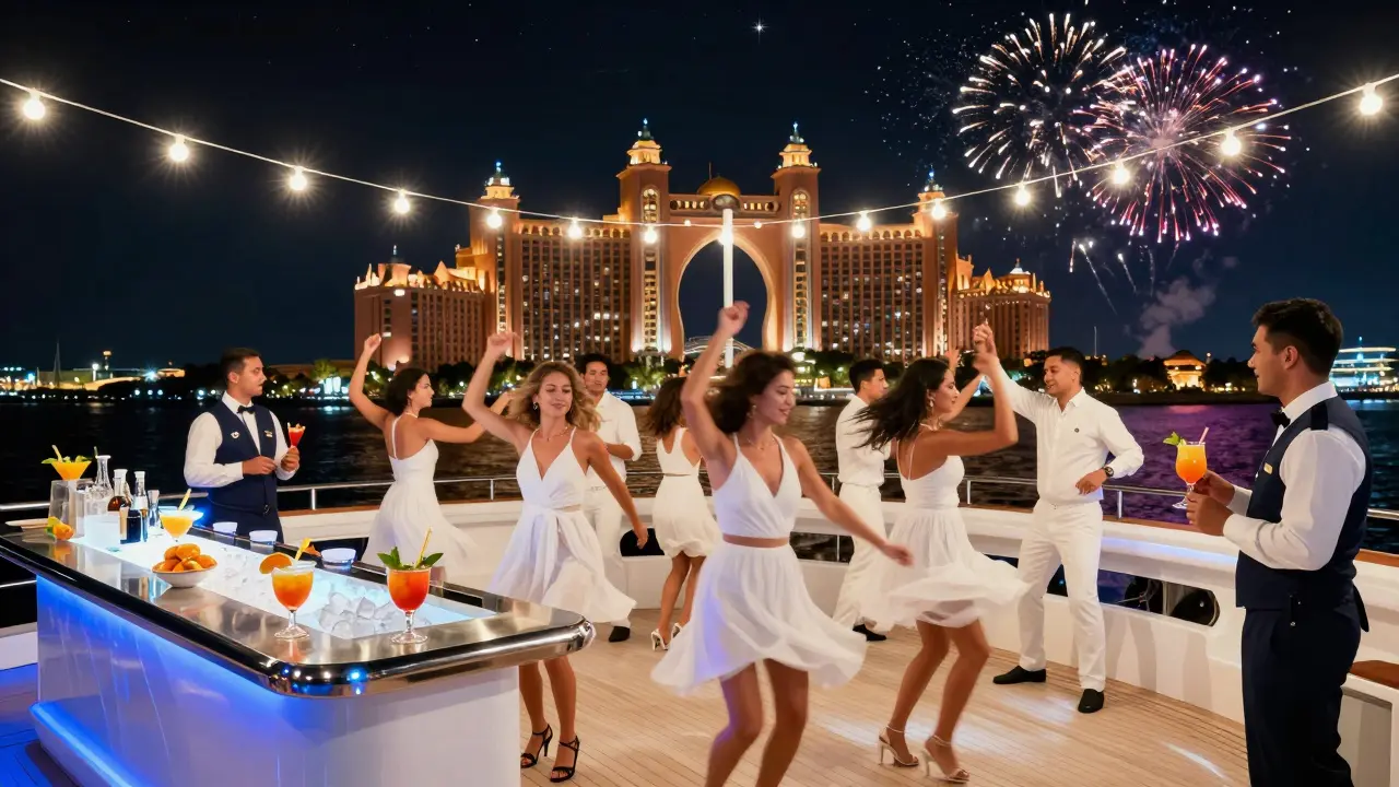 Nighttime white party yacht with dancing guests and fireworks over Dubai's coastline.