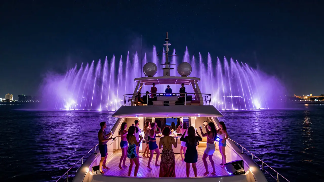 Nighttime yacht party with dancing guests, LED lights, and the Dubai Fountain shooting water jets in the background under a starry sky.