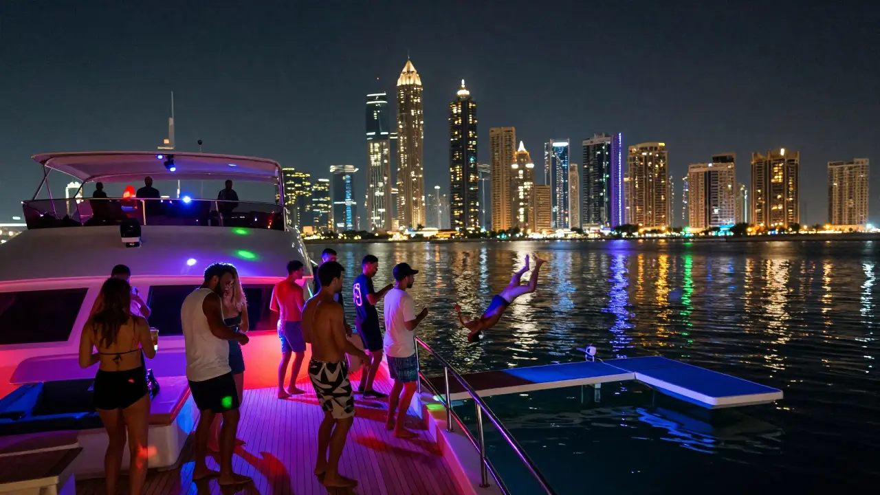 Nighttime yacht party with guests dancing under neon lights, DJ on deck, and Dubai&#039;s skyline sparkling behind them.
