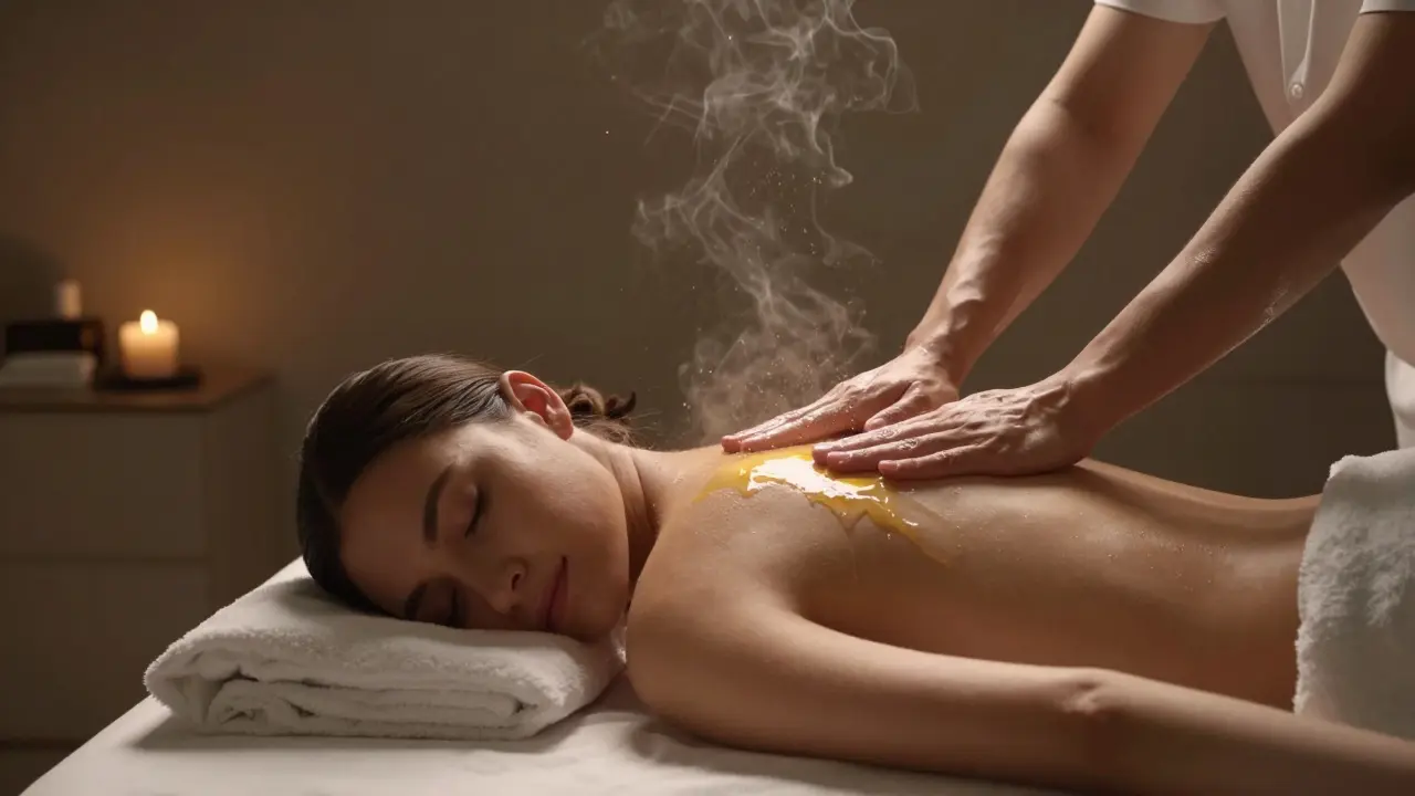 Person in deep relaxation during an aromatherapy massage with frankincense mist.