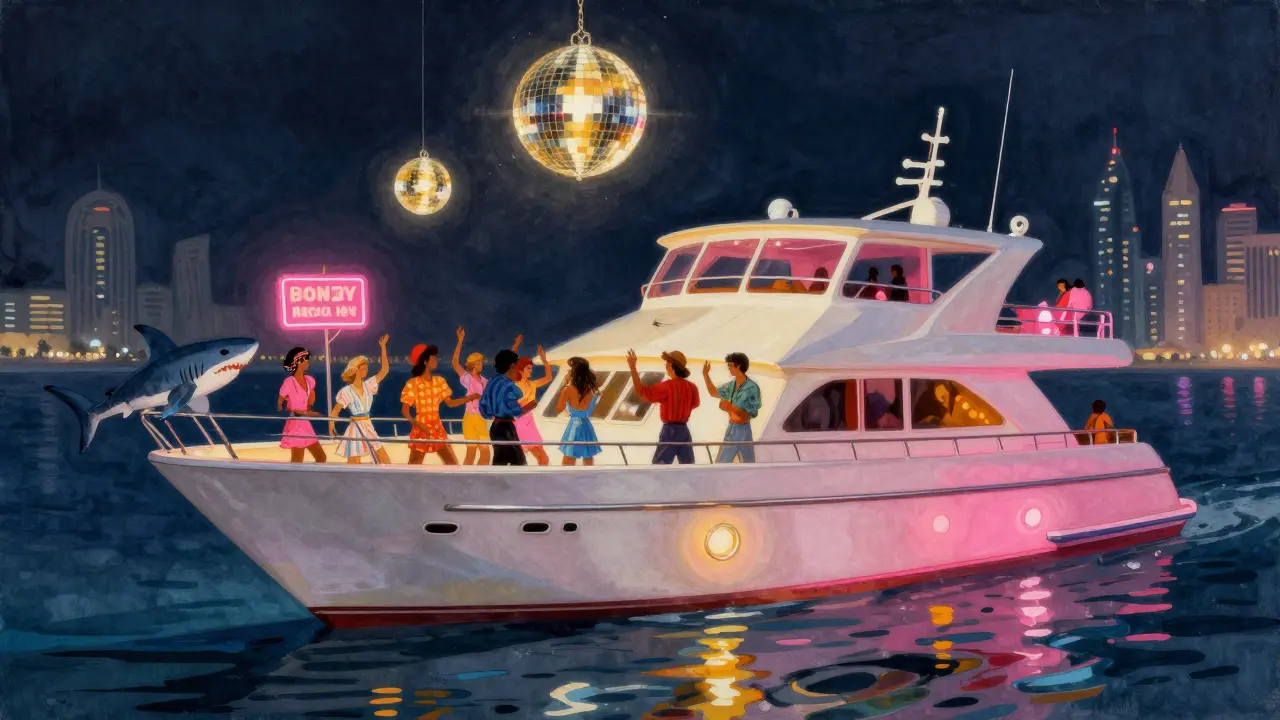 Retro-themed yacht party with guests in 80s clothing, disco lights, and a playful fake shark near the deck, city skyline faintly visible.