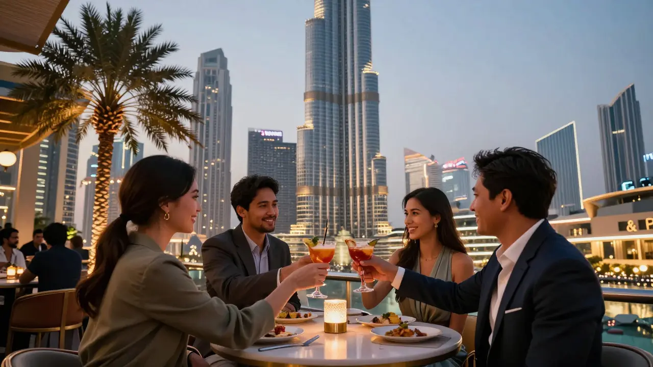 Rooftop bar guests enjoying cocktails with the Burj Khalifa lighting up in the background.