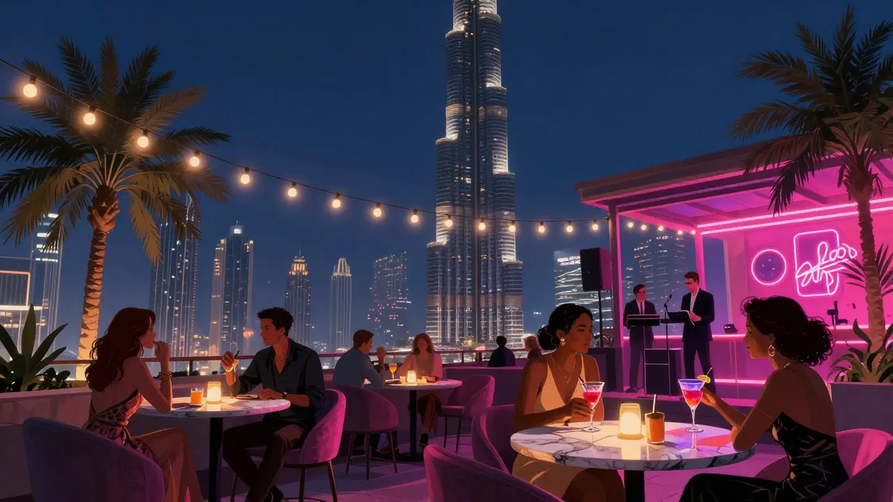 Rooftop lounge in Dubai with guests enjoying cocktails under string lights as the Burj Khalifa shines behind them.