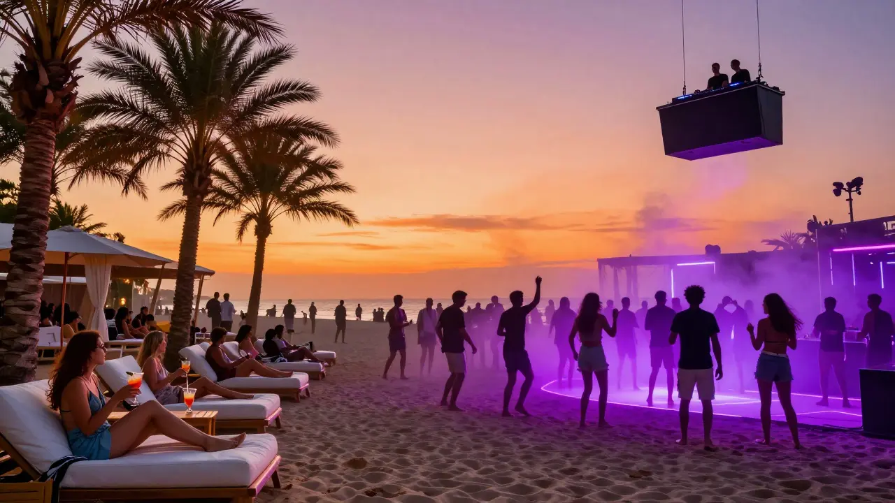 Soho Garden transforming from daytime beach lounge to nighttime dance party with neon lights