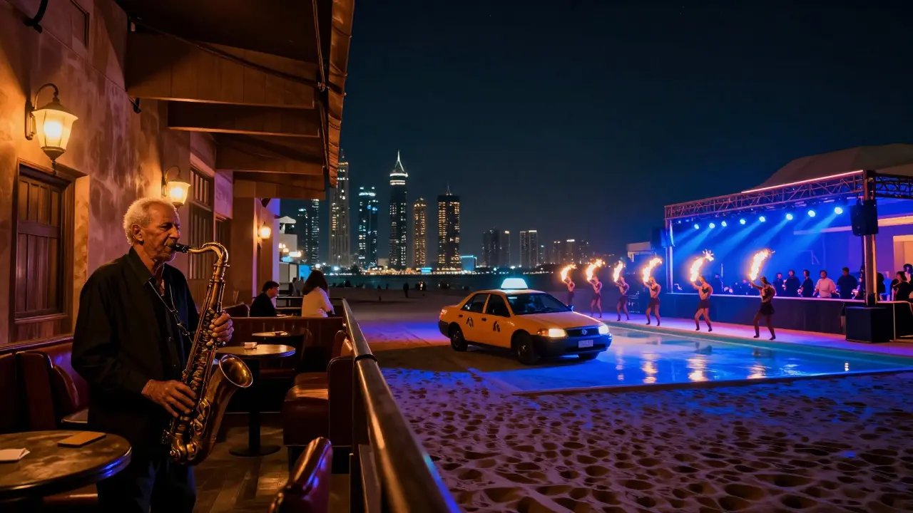 Split image: quiet jazz lounge on one side, energetic club on the other, connected by a taxi under Dubai's night sky.