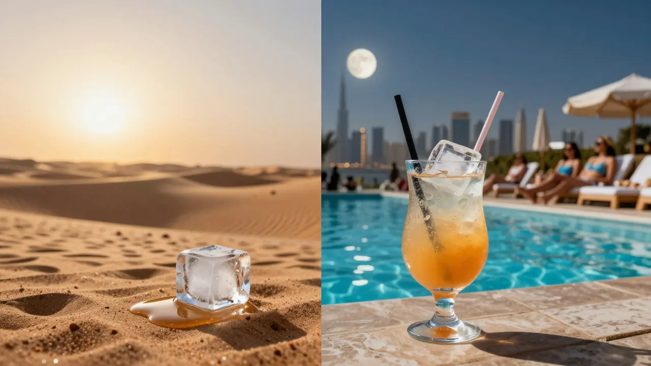 Split image showing desert heat versus cool pool escape in Dubai at dusk.