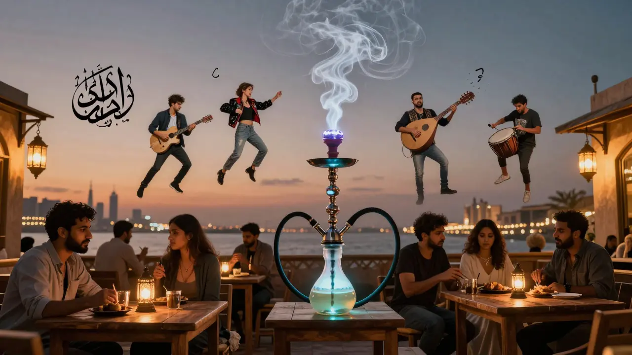 Surreal shisha lounge at dawn with smoke forming cultural icons above mingling guests in warm lantern light.