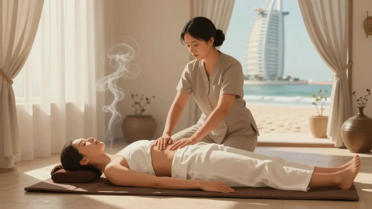 Thai massage therapist applying gentle pressure to a client in a quiet spa room.