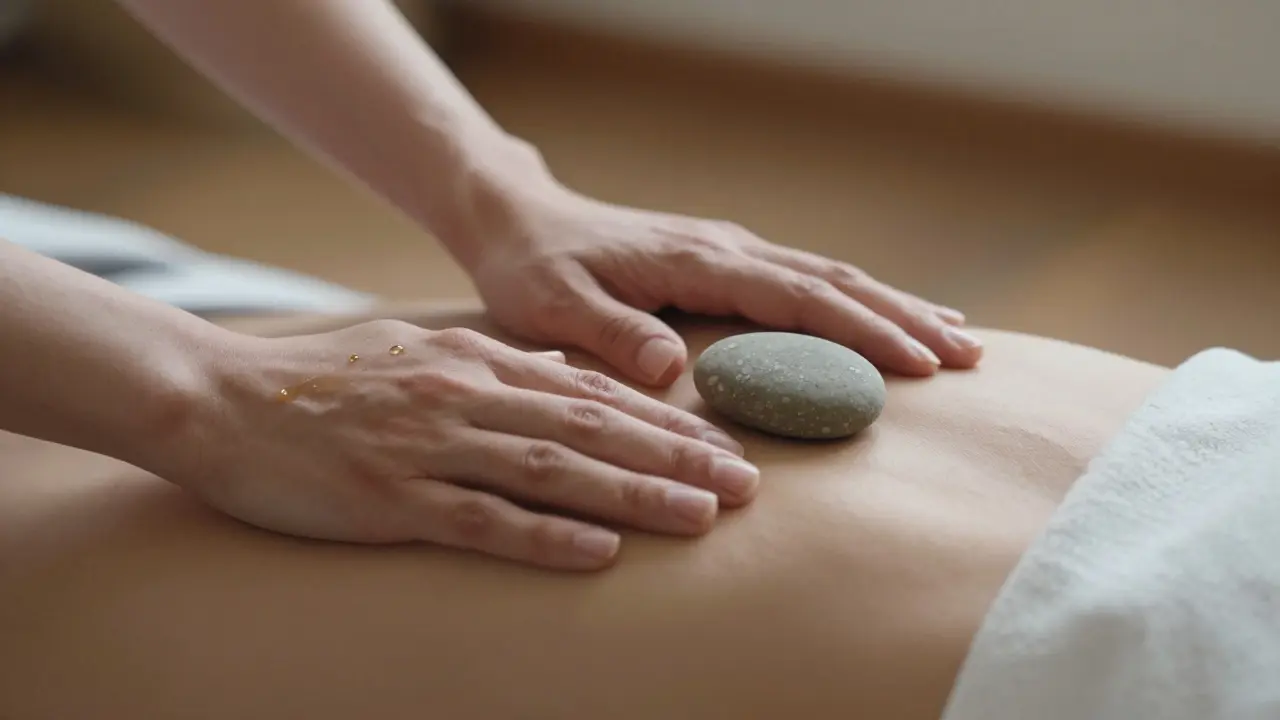 Therapist&#039;s and client&#039;s hands resting gently on chest with warm stone placed on sternum.