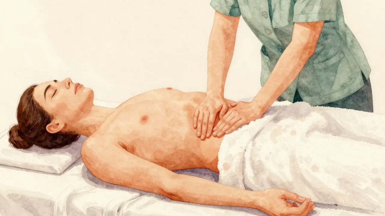 Therapist gently pressing with hip against client&#039;s glute during full-body massage, draped in towel.