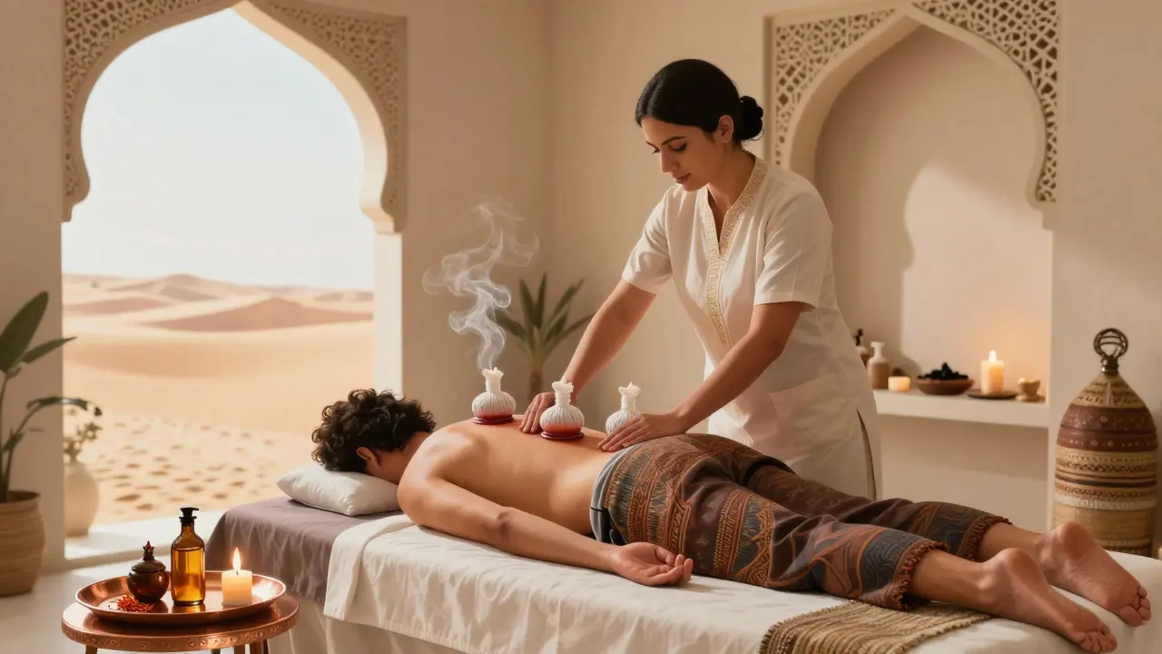 Therapist performing a fusion of Arabian cupping and Thai stretching during a full body massage in an elegant Middle Eastern-inspired spa.