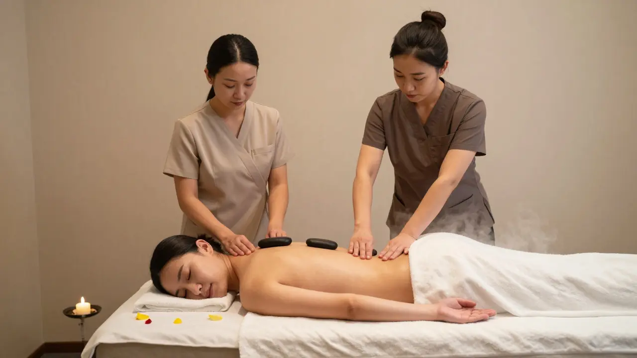 Two therapists giving a dual massage, one using hot stones, the other stretching limbs, in a serene, misty spa setting.
