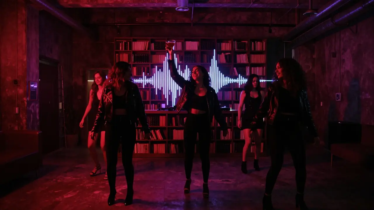 Women dancing in a hidden underground club with moody red and purple lighting.