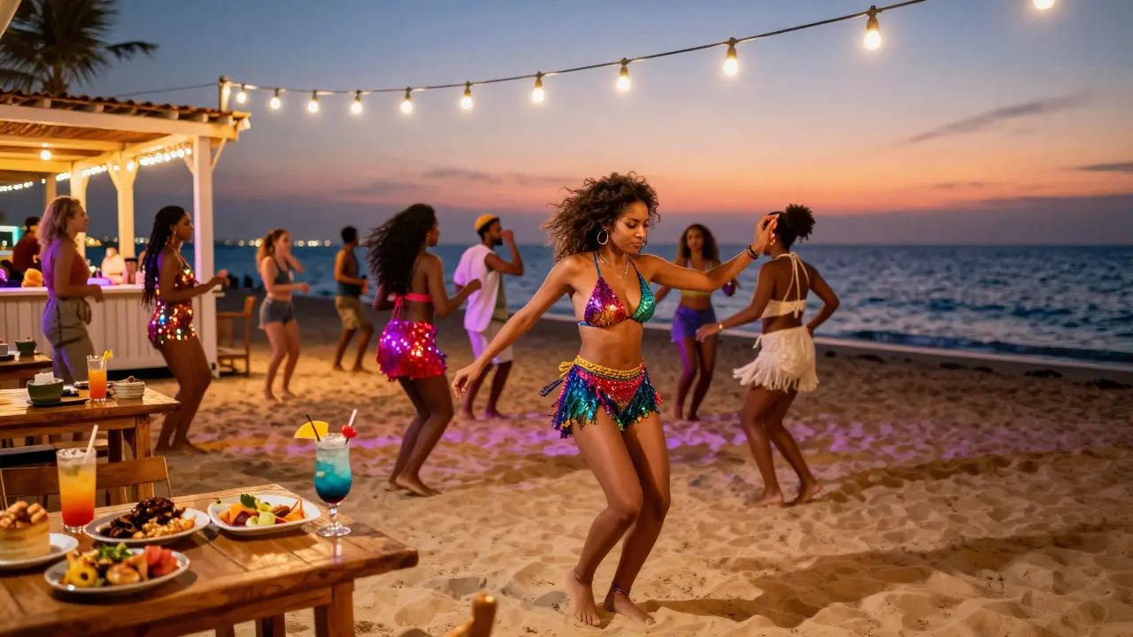 Women dancing on the beach under string lights at a vibrant Dubai night spot.