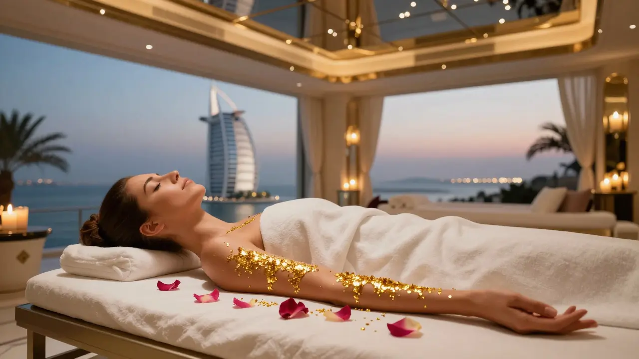 A client is pampered with gold-infused oil and rose petals in a luxurious spa suite overlooking the sea.