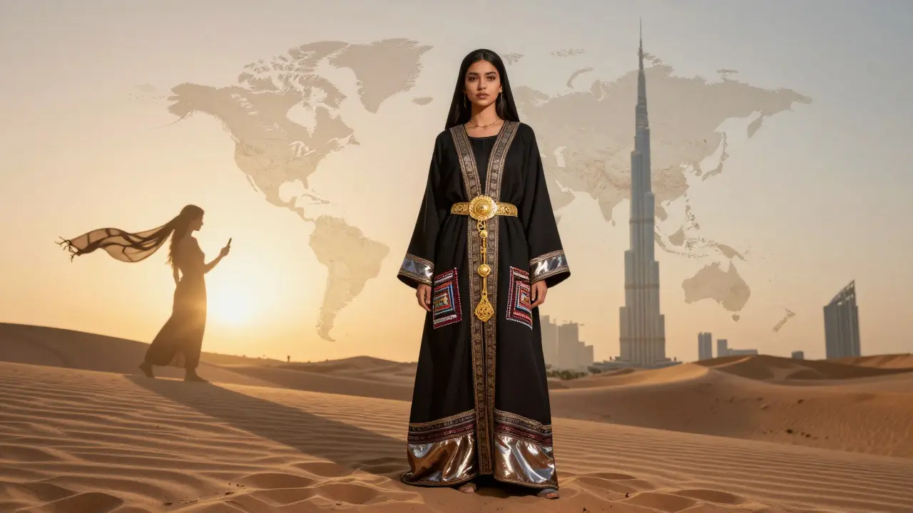 A cultural fusion outfit symbolizing Dubai's blend of global and local fashion influences.