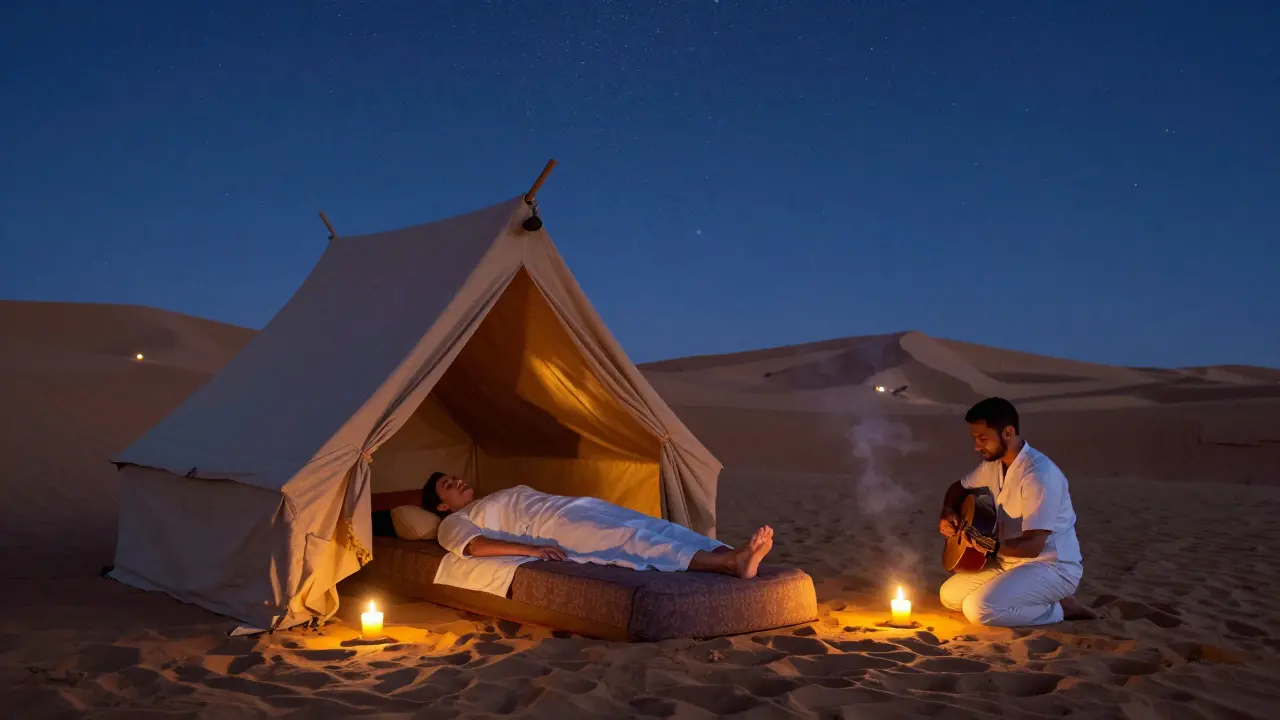 A desert massage under the stars in a private tent, lit by candles, with sand dunes and night sky in background.
