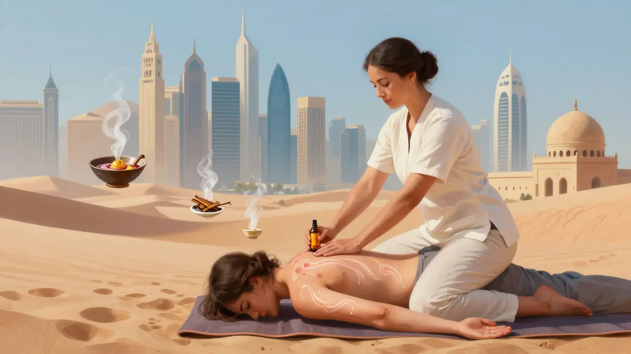 A fusion massage combining Thai stretching and CBD oil therapy, with cultural and scientific elements floating around the scene.
