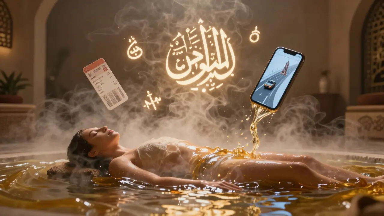 A human figure dissolving into steam and oil, with urban stress symbols fading away, representing renewal through massage.