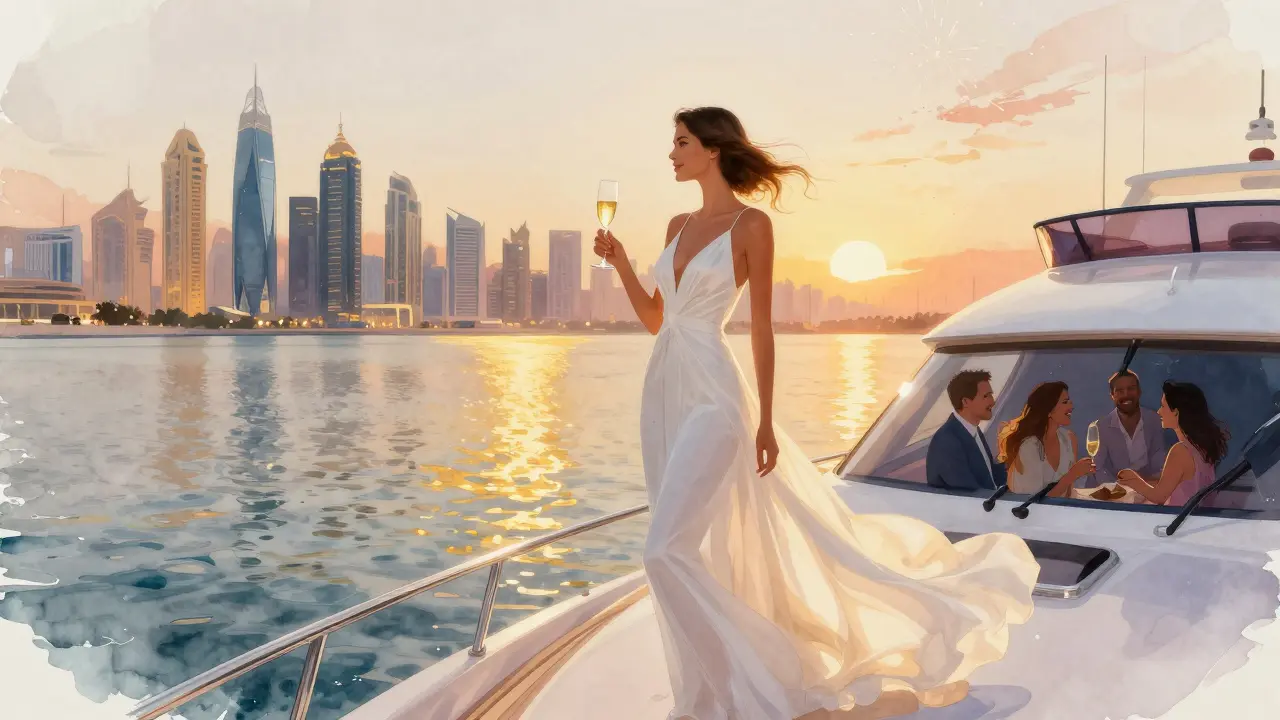 A model stands on a yacht at sunset off Palm Jumeirah, wearing white, with Dubai's skyline glowing behind.