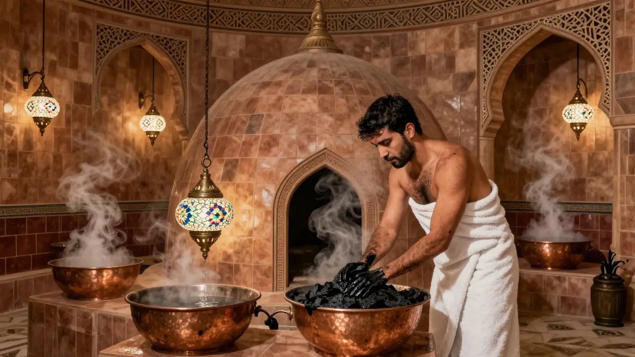 A person receiving an Arabian Hammam scrub in a tiled steam room with mosaic lanterns and steam rising.