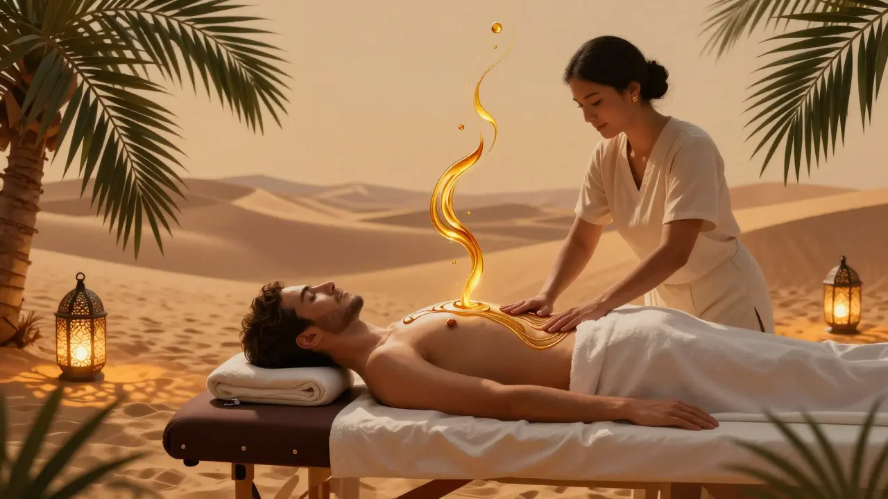 A person receiving an Ayurvedic massage in a desert-themed spa with glowing lanterns and flowing oil patterns.