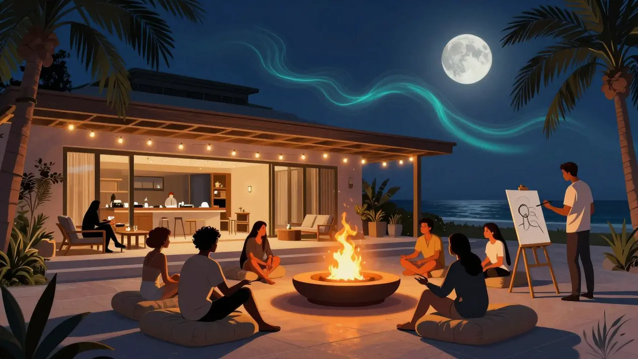 A private villa in Jumeirah at dawn with guests relaxing by a fire pit under string lights.