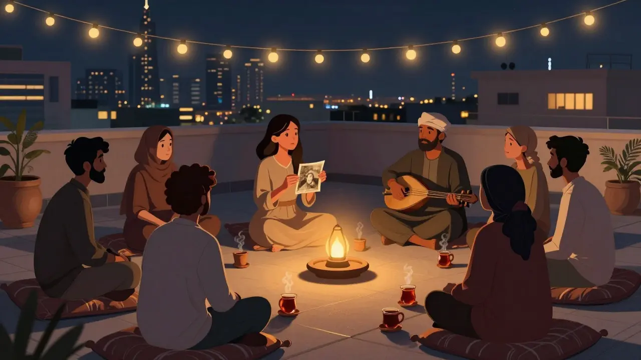 A quiet circle of people on a rooftop listening to a storyteller and musician under soft lantern light.