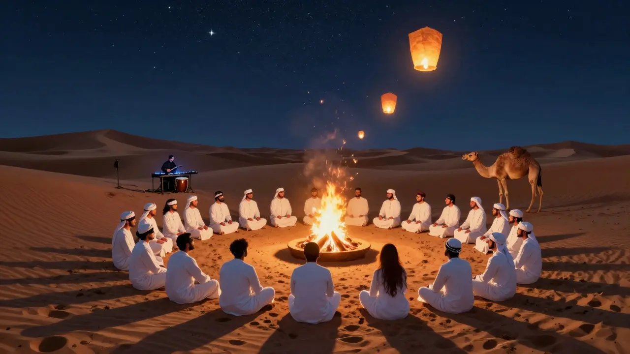 A small group sits in silence around a fire pit in desert dunes, with lanterns rising into the night sky.