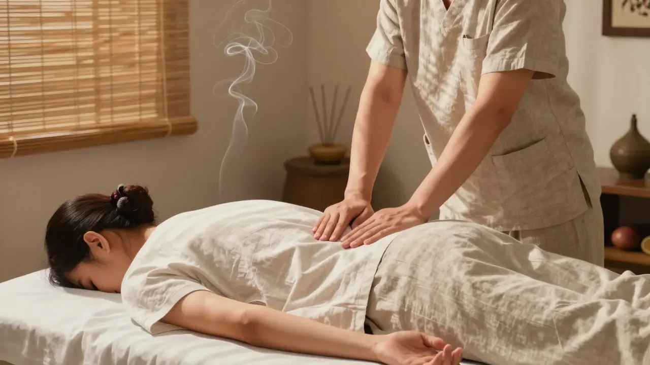 A Thai therapist uses their foot to apply pressure during a massage in a quiet, no-frills studio.