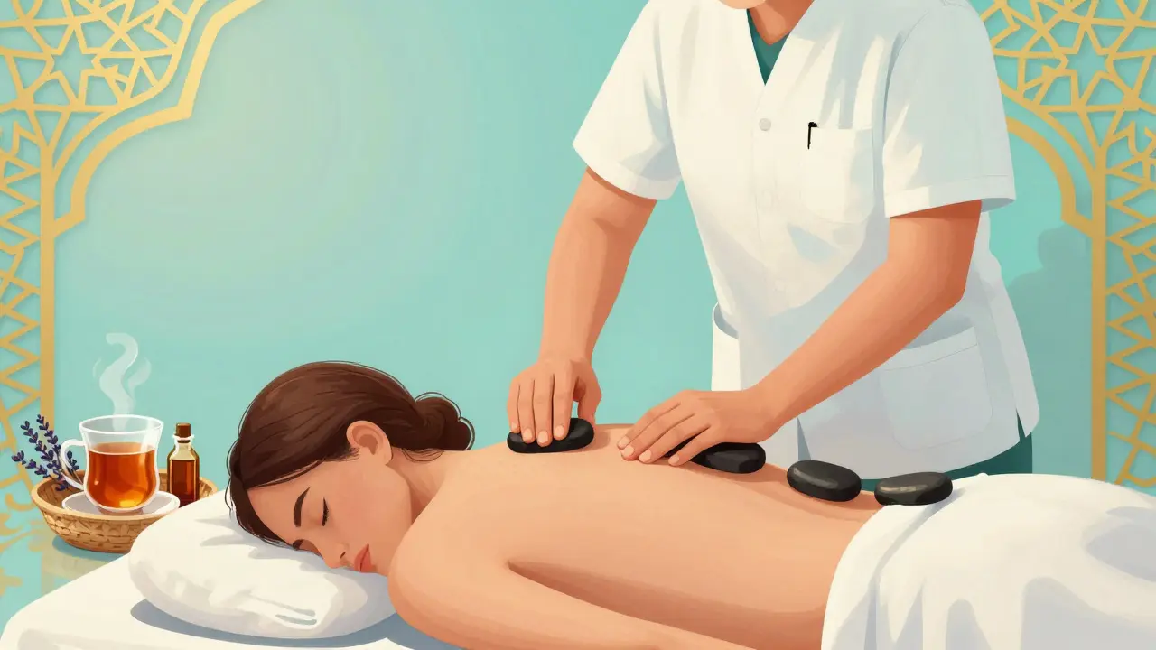 A therapist using warm stones on a client's back in a softly lit spa room with traditional Emirati decor and essential oils nearby.