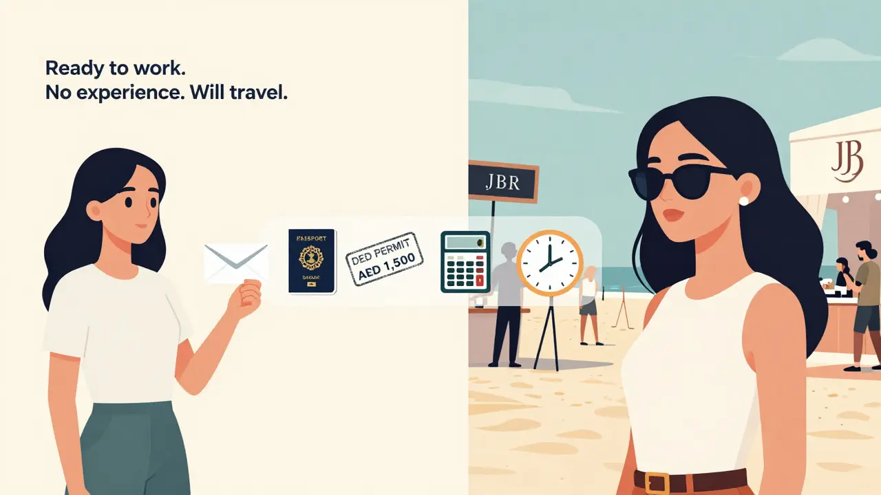 A young woman’s journey from submitting a simple photo to landing a beach shoot in Dubai, illustrated with symbolic icons.