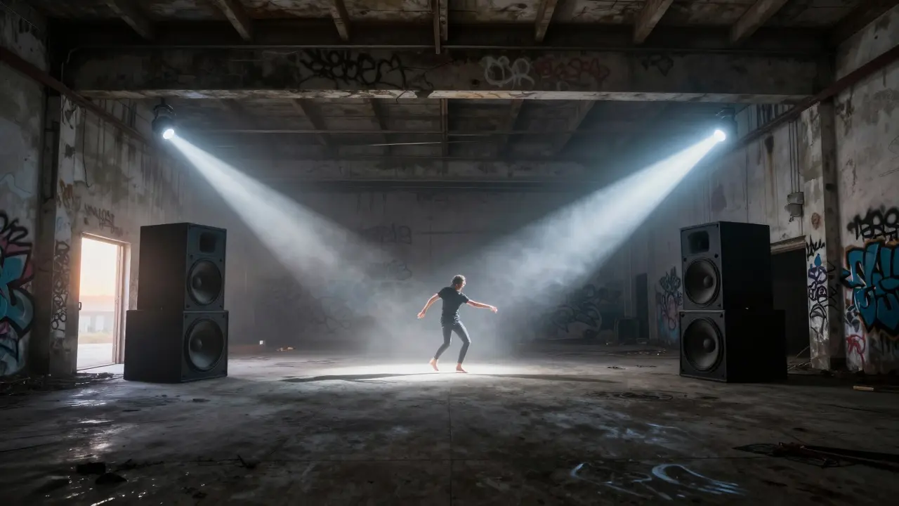 An underground warehouse rave in Al Quoz with strobe lights and fog as dawn breaks.