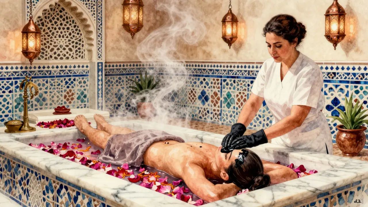 Arabic hammam ritual with steam, black soap scrub, and rosewater bath in ornate tiled surroundings.