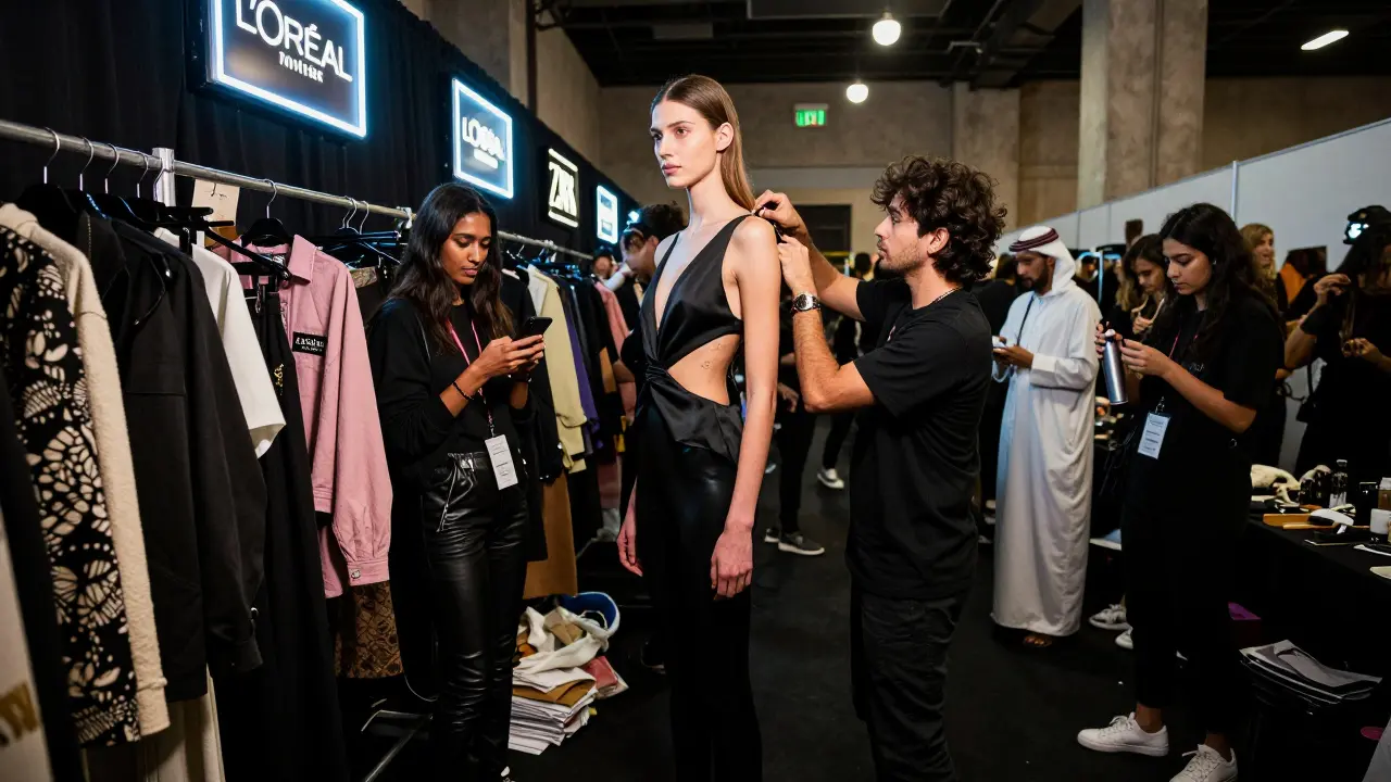 Backstage at Dubai Fashion Week, models prepare for runway shows amid branded apparel and frantic crew activity.
